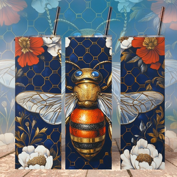 Handmade Fancy Bee Sublimated Tumbler New 20oz With Lid And Reusable Straw - Picture 1 of 4